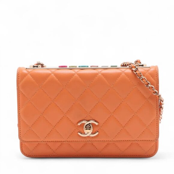 Chanel Trendy Multicolor Chanel Logo Lambskin Chain Wallet On Chain Orange - Picture 1 of 11
